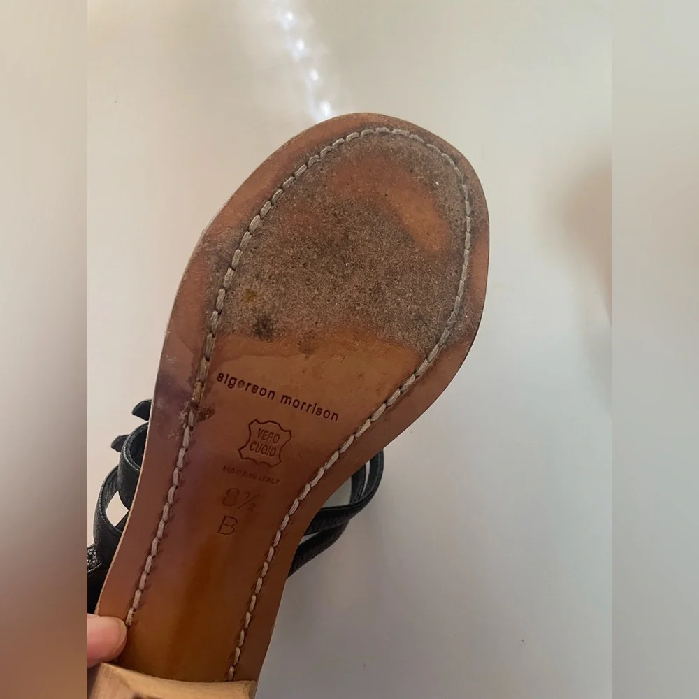 Sigerson Morrison Women’s Greek Black Leather Wood Heel Sandals - Picture 12 of 16